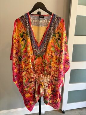 Sakkas Vibrant Floral V-Neck Drawstring Tunic - Pink & Yellow